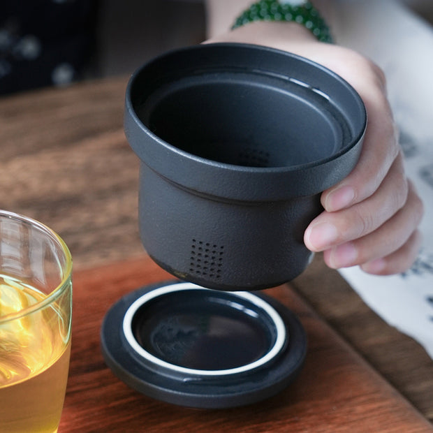【客製化】玻璃茶杯茶水分離杯子黑色陶瓷帶蓋過濾杯情侶禮物