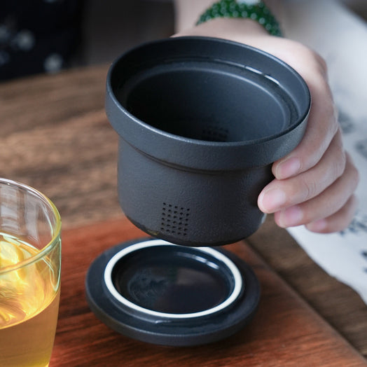 【客製化】玻璃茶杯茶水分離杯子黑色陶瓷帶蓋過濾杯情侶禮物