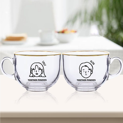 【客製化】情侶早餐玻璃金邊帶蓋對杯簡約客製對杯玻璃杯早餐杯