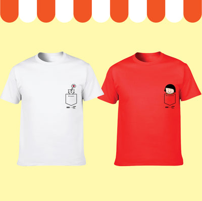 【香港限定】手機女孩,敏 | 口袋中的呀敏與愛心貓 | T-shirt (白色 + 紅色) (一套兩件)