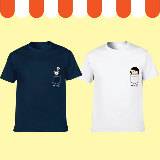 【香港限定】手機女孩,敏 | 口袋中的呀敏與愛心貓 | T-shirt (藏藍色 + 白色) (一套兩件)